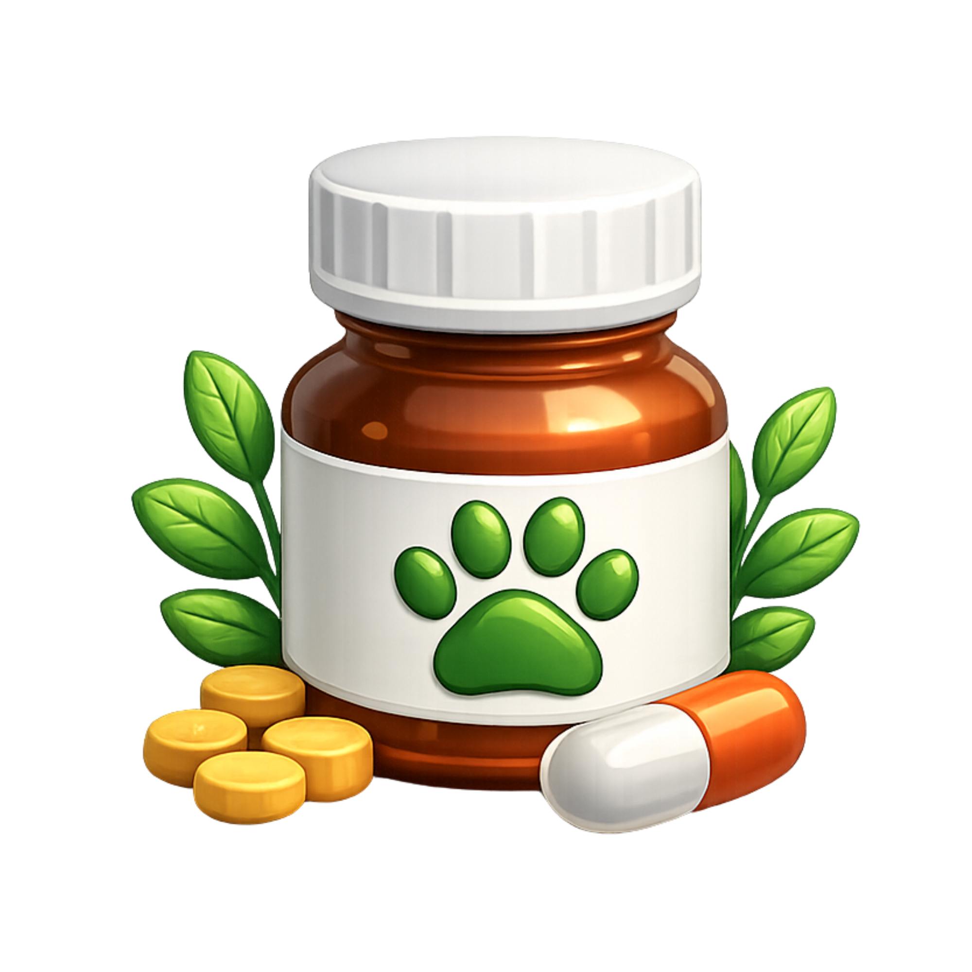 Illustration of a dog with everyday supplement containers for digestive, dental and joint care